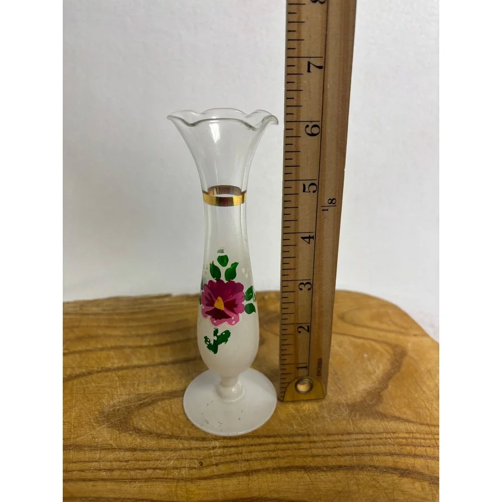 Vintage Style Unbranded White Frosted Hand Painted Floral Bud Vase